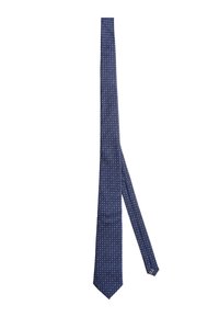 Cravatta blu navy con una texture liscia, caratterizzata da un motivo di piccole macchie bianche. La cravatta ha una punta affusolata, adatta per occasioni formali.