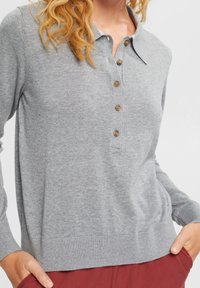 Maglione grigio a maglia con colletto, patta dei bottoni con bottoni marroni e polsini e orlo a coste. Texture liscia.