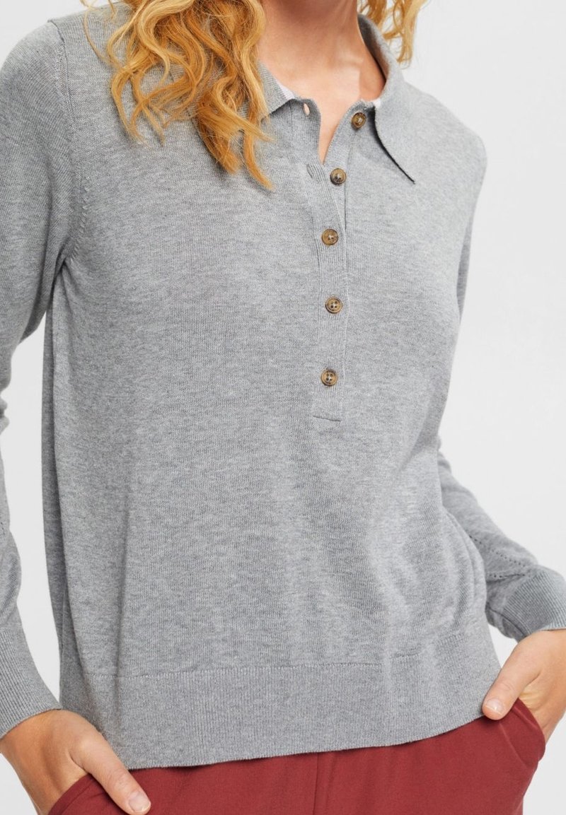 Maglione grigio a maglia con colletto, patta dei bottoni con bottoni marroni e polsini e orlo a coste. Texture liscia.