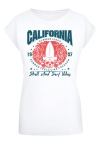 White short-sleeve T-shirt with a graphic design featuring "California," a surfboard, palm trees, skull, and text in teal and coral colors.