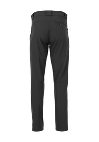 Pantalons noirs en tissu léger avec une texture lisse. Dotés d'une poche zippée et d'un design à jambe droite avec une taille standard.