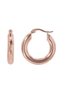 Ohrringe aus roségold mit glatter, polierter Oberfläche. Kreisförmige Form, ausgestattet mit einem sicheren Verschluss für einfaches Anlegen.