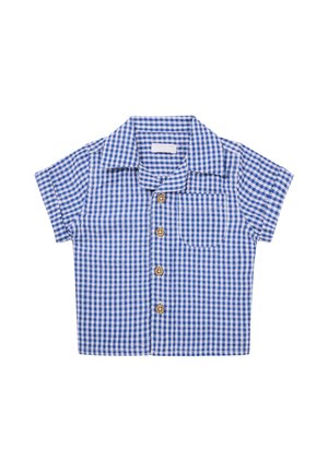 Korte mouwen shirt in een blauw-witte ruitpatroon, met een kraag, knopen aan de voorkant en een enkele borstzak met houten knopen.