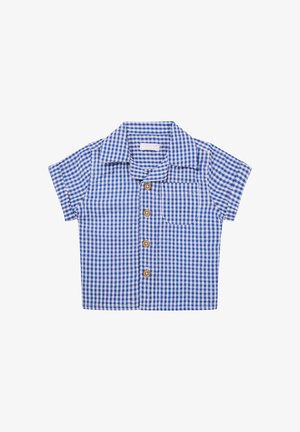 Korte mouwen shirt in een blauw-witte ruitpatroon, met een kraag, knopen aan de voorkant en een enkele borstzak met houten knopen.