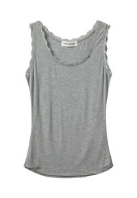 Sivi majica bez rukava izrađena od rebraste tkanine, s valovitim čipkastim rubom oko dekoltea i otvora za ruke, s zaobljenim donjim rubom.