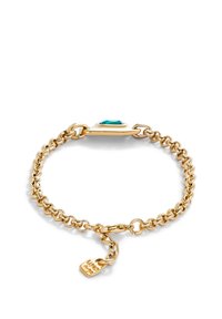 Bracelet chaîne en or avec un design angulaire, orné d'une pierre turquoise au centre et d'un fermoir homard pour la fermeture.