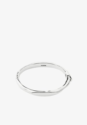 Smooth silver-tone hinged bangle bracelet with subtle irregular shape and "PILGRIM" engraved inside.
