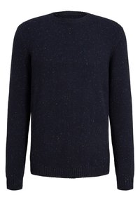 Mörk marinblå crewneck-tröja med långa ärmar och subtilt fläckmönster i ljusare nyanser.