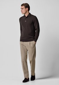 Braunes Langarm-Poloshirt mit Kragen, kombiniert mit beigen, plissierten Hosen und dunklen Loafers. Einfaches Design, weiche Textur und figurbetonte Passform.