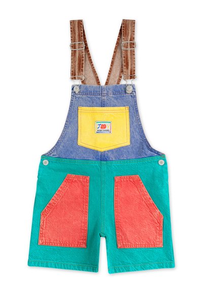 Colorful denim overalls featuring brown corduroy straps, a yellow front pocket, and large green and red side patch pockets.