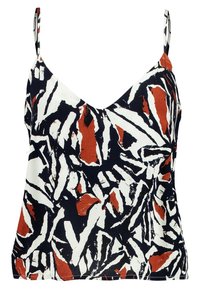 Cami-top i let materiale med et iøjnefaldende abstrakt mønster i marineblå, hvid og rust. Justerbare stropper med en V-halsdesign.