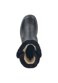 Black leather boot with a soft black fur lining and beige interior. Features a round toe and elastic sides for easy wear.