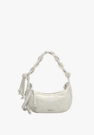 Weiße Lederhandtasche mit geschwungener Form, geflochtenem Schulterriemen und Reißverschluss. Mit kleinem Akzentkordel und Logodetail.