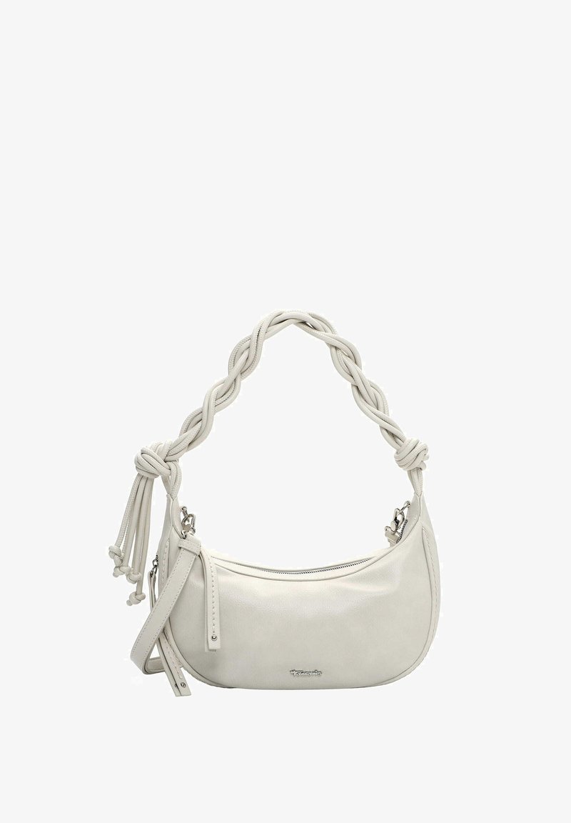 Sac à main en cuir blanc à la forme incurvée, bandoulière tressée et fermeture zippée. Comprend un petit cordon décoratif et un détail de logo.