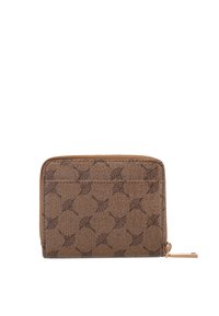 Piccolo portafoglio marrone con cerniera, decorato con motivi geometrici scuri e con un cursore dorato, mostrato su uno sfondo bianco.