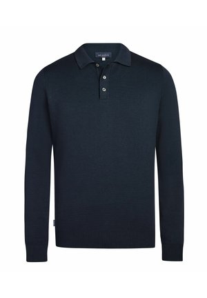 Men’s long-sleeve navy blue polo shirt with ribbed cuffs, buttoned placket, and collar, brand label on inner neck and side seam.