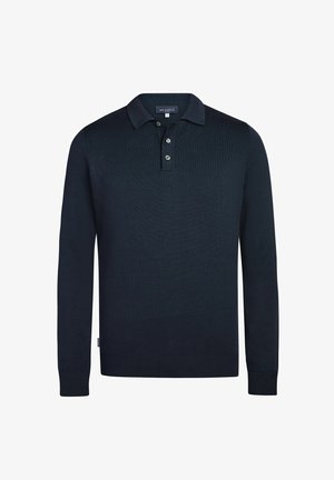 Heren polo met lange mouwen in marineblauw, met geribde manchetten, knoopsluiting en kraag, merkembleem aan de binnenkant van de hals en zijnaad.