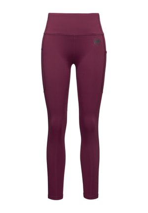 Bordeaux leggings met een hoge taille, gemaakt van rekbaar materiaal, met zijzakken en minimale stikseldetails. Gladde textuur overal.