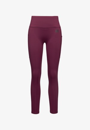 Leggings bordeaux con vita alta, realizzati in tessuto elasticizzato, dotati di tasche laterali e dettagli di cucitura minimal. Texture liscia su tutta la superficie.