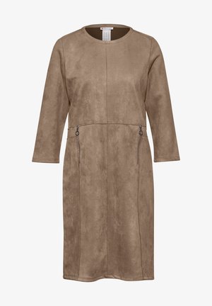 Vestido marrón, de longitud a la rodilla, hecho de un material suave similar al ante. Cuenta con mangas largas, un escote redondo y dos bolsillos laterales con cremallera.