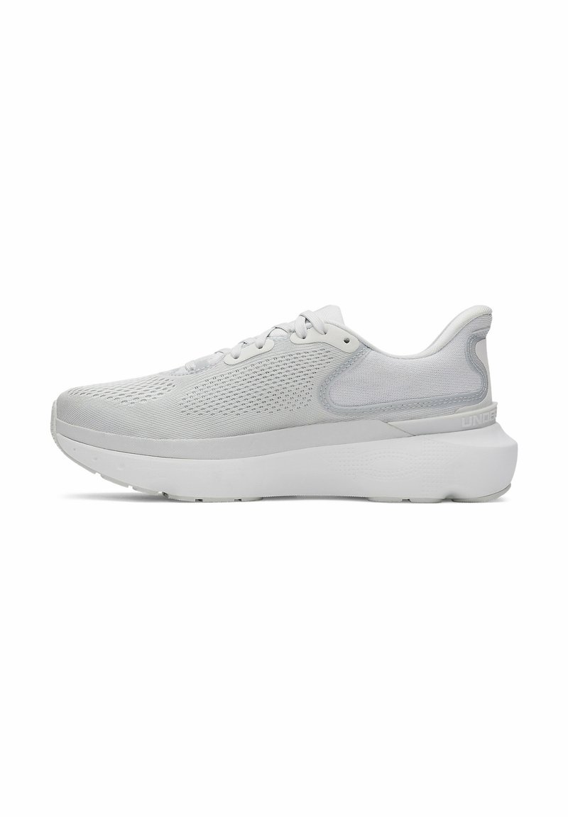 Light grey athletic shoe with a breathable mesh upper, rounded toe, cushioned sole, and subtle branding on the heel.