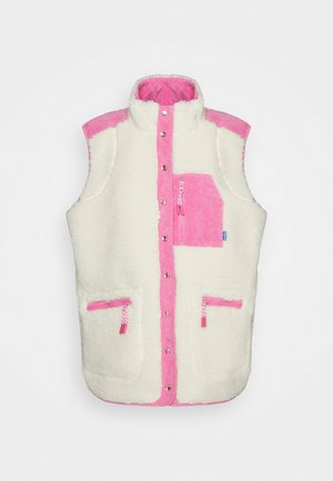 Mouwloos wit fleecevest met roze bies, roze ritssluiting op de borstzak, twee roze ritssluiting handzakken en drukknoopsluiting aan de voorkant.