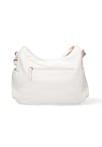 Borsa a spalla in pelle bianca con una superficie morbida e testurizzata, dotata di chiusura con zip superiore e una tasca con zip esterna. Dettagli in metallo dorato.