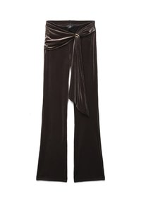 Pantaloni in velluto marrone con design a gamba larga, caratterizzati da un dettaglio annodato davanti e una texture liscia. Taglio elegante e alla moda.