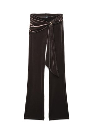 Braune Samthose mit weitem Bein, ausgestattet mit einer verdrehten vorderen Krawatten-Details und glatter Textur. Stilvoller und eleganter Schnitt.