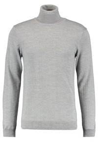 Pull à col roulé gris en matière douce, doté de manches longues, de poignets en côtes et d'une coupe ajustée, idéal pour superposer.