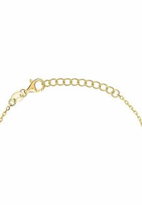 Collana placcata in oro con anelli ovali, dotata di chiusura a gancio e lunghezza regolabile con accenti a cerchio. Texture liscia su tutta la superficie.