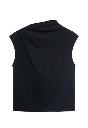 Black sleeveless top with an asymmetric neckline and smooth, lightweight fabric. Features a loose fit and minimalistic design.
