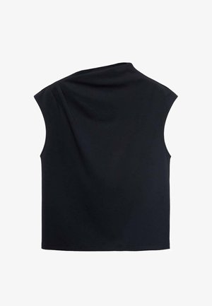 Top negru fără mâneci, cu un decolteu asimetric și un material neted, ușor. Prezintă o croială lejeră și un design minimalist.