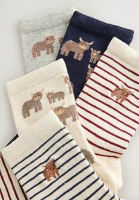 Penki poros mezginių kojinių kremine, pilka ir tamsiai mėlyna spalvomis, su dryžuotais raštais ir išsiuvinėtais rudos spalvos Škotijos aukštumų karvių motyvais.