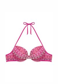 Roze bikini bovenstuk met golvende textuurpatroon, gevoerde cups en halternekbandjes. Heeft contrasterende dunne bandjes en een centrale strikaccent.