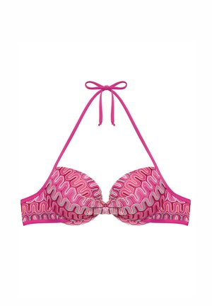 Haut de bikini rose avec un motif texturé ondulé, bonnets rembourrés et liens autour du cou. Présente des bretelles fines contrastantes et un accent nœud central.