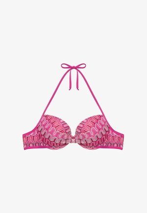 Rosa Bikini-Oberteil mit wellenförmigem Texturmuster, gepolsterten Cups und halterneckigen Bändern. Verfügt über kontrastierende dünne Träger und eine zentrale Schleifenakzent.