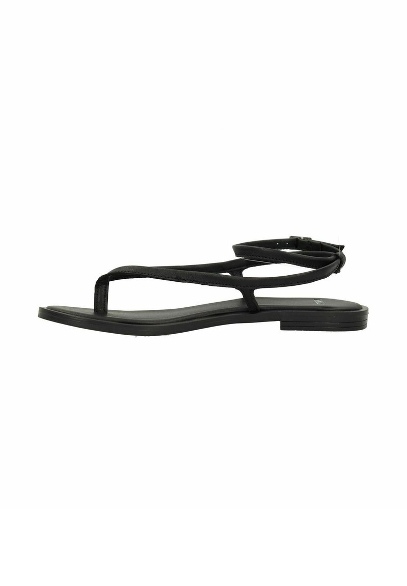 Zwarte platte sandalen met dunne kruisbandjes, open teen ontwerp, verstelbare enkelband en platte rubberen zool.