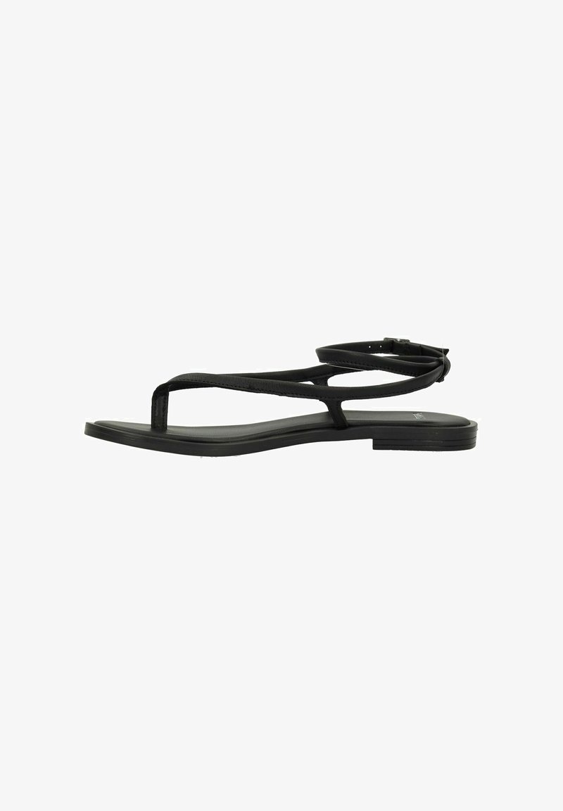 Black flat sandals with thin cross-over straps, open toe design, adjustable ankle strap, and flat rubber sole.