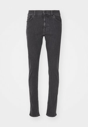 Zwarte denim jeans met een slim fit, vijf-pocket ontwerp en contrasterende stiksels. Voorzien van een ritssluiting en knoopsluiting.