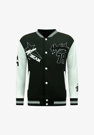 Zwart-witte varsityjack met geborduurde graphics, sterren en het nummer 79. Voorzien van drukknoopsluiting en gestreepte ribbelkraag en manchetten.