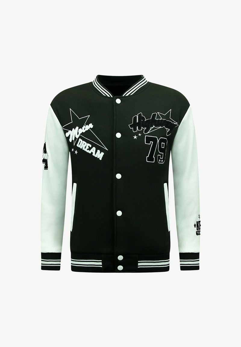 Zwart-witte varsityjack met geborduurde graphics, sterren en het nummer 79. Voorzien van drukknoopsluiting en gestreepte ribbelkraag en manchetten.
