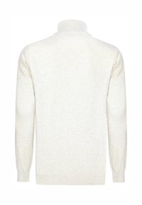 Suéter de un tono beige claro con cuello alto, mangas largas, puños y dobladillo acanalados, hecho de una suave tela de punto, con una textura lisa.