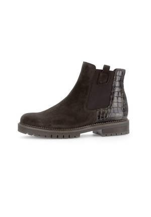 Dark brown suede ankle boot with elastic side panel and glossy crocodile-patterned heel, featuring a pull tab and chunky sole.