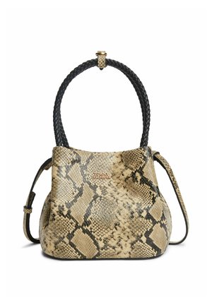 Sac à main Tommy Hilfiger en motif peau de serpent beige et noir avec poignée noire tressée et bandoulière ajustable.