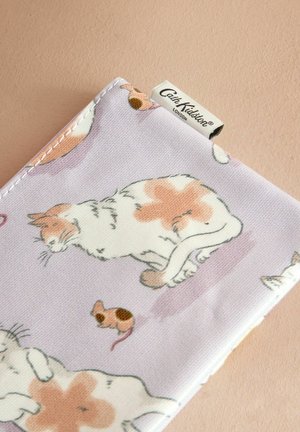 Cat-patterned wallet in soft purple fabric. Features illustrations of cats and a mouse. Stitched edging and a brand tag visible.