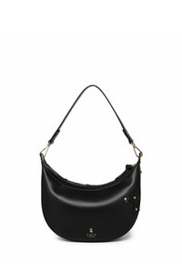 Černá kožená kabelka přes rameno s zakřiveným tvarem, kovovými doplňky ve zlaté barvě, zapínáním na zip a květinovými ozdobami na jedné straně.