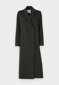 Palton lung, de culoare verde închis, din lână, cu guler tăiat, design cu un singur nasture și buzunare laterale; textură netedă.