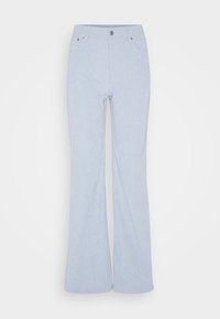 Ljusblå kordflamsbyxor med hög midja, fem fickor, framknäppning och ribbad textur för extra detalj.