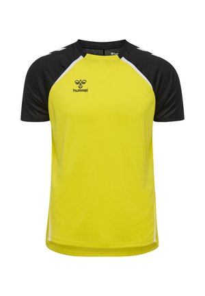 Geel sportshirt met zwarte raglanmouwen. Beschikt over een logo in het midden en witte accenten langs de schouders. Zacht, gestructureerd materiaal.